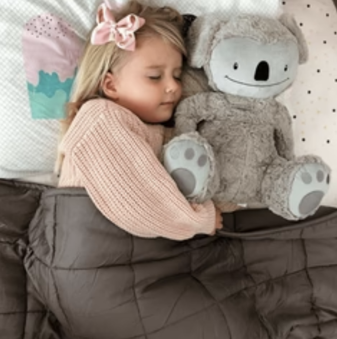 Photo of a girl sleeping with her blanket and stuff toy