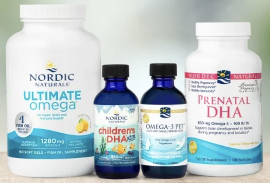 Different Nordic Naturals products - Ultimate Omega, Children's DHA, Omega-3 PET, Prenatal DHA