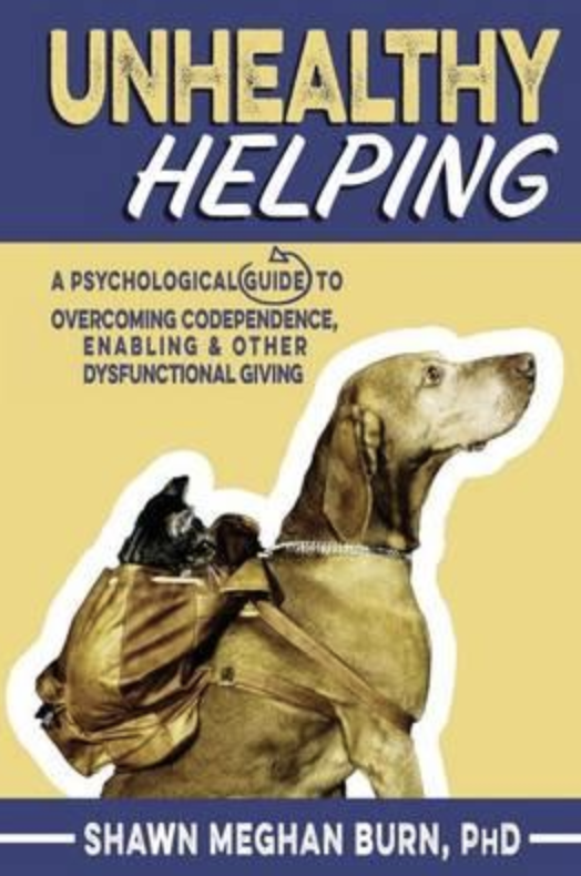 The Cover for Unhealthy Helping by Shawn Meghan Burn, PhD. Photo of a dog carrying a cat on its back
