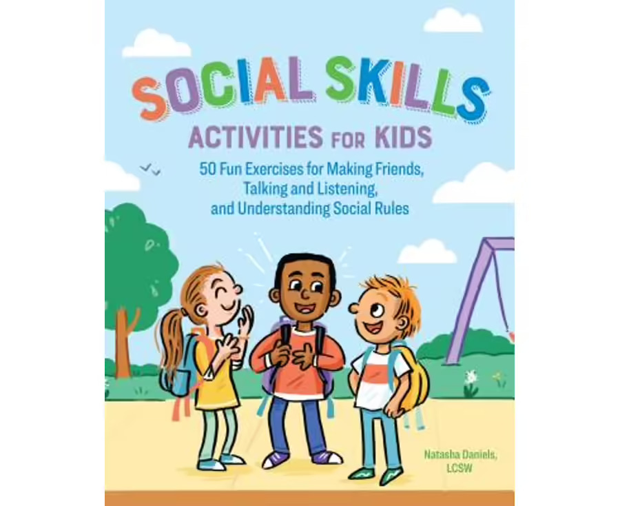 Book cover of *Social Skills Activities for Kids* by Natasha Daniels, with colourful icons and playful design.